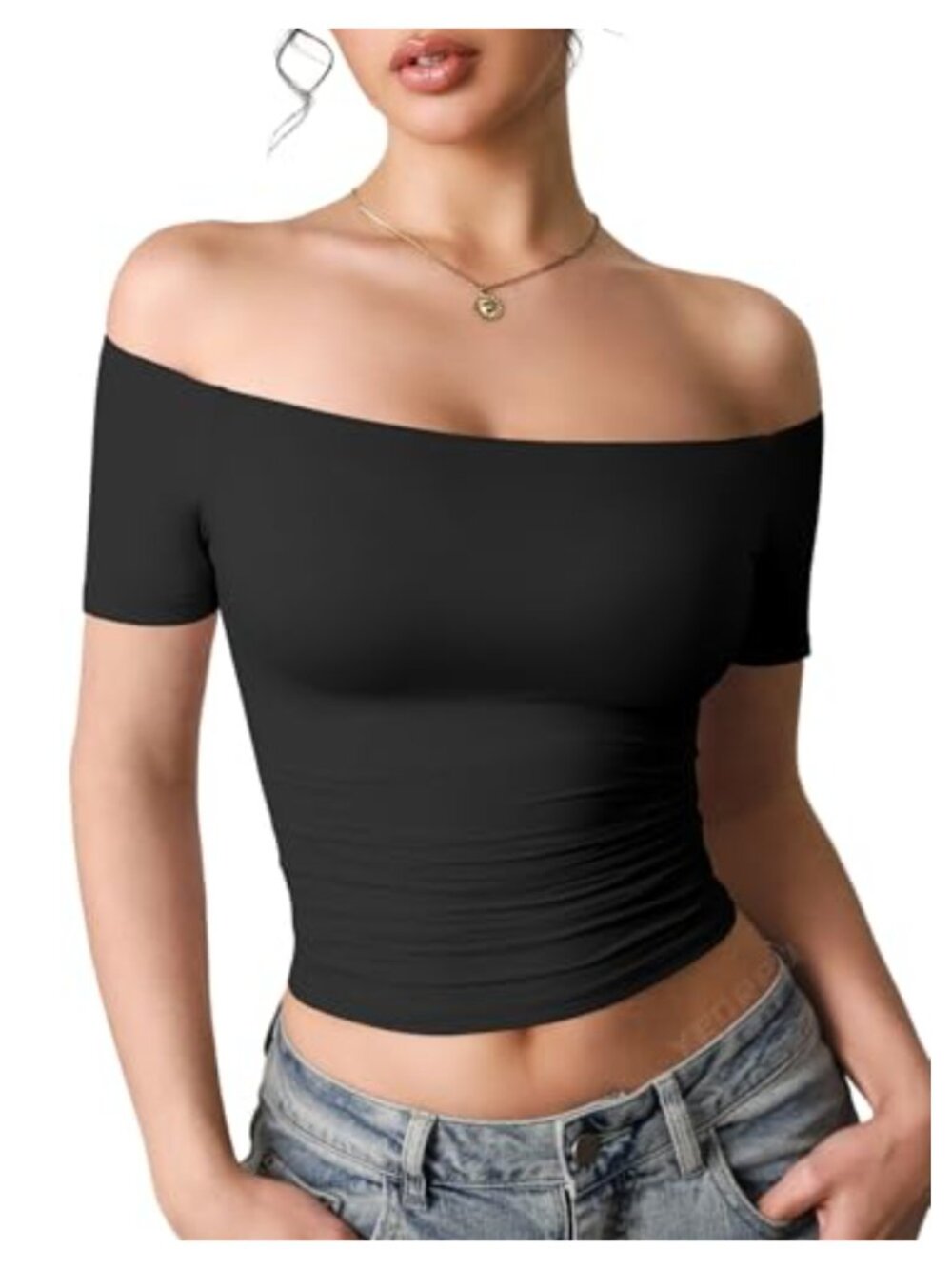 Y2K Off Shoulder Crop Top Slim Fit Short Sleeve Going Out Tee